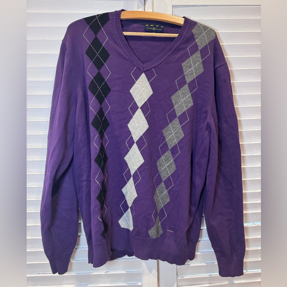 Purple Argyle Sweater Grandpa Core Preppy 100% Cotton Unisex Vintage Style